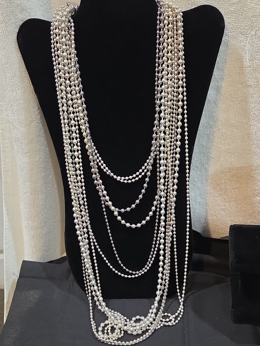 CHICO'S Multi-Strand Silver And Pearl Bead Layered Necklace